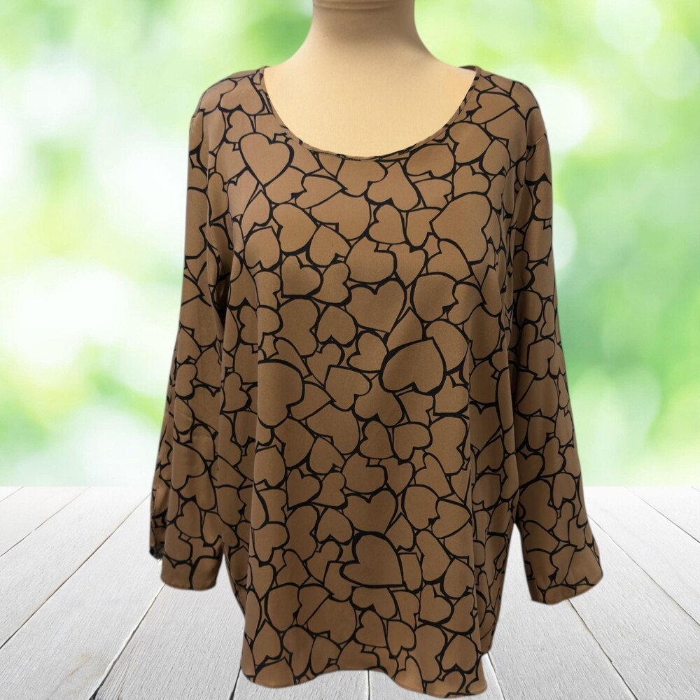 MARC CAIN Italian Silk Blouse Heart Print Brown Black Draped Germany Size L